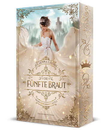 Das Cover zeigt eine Frau mit braunen Haaren in einem weißen Kleid. Der Titel steht in der unteren Hälfte des Covers. Im Hintergrund kann man einen Wald mit einem Schloss sehen. Umrandet wird alles von einem goldenen Schmuckrahmen. Der Farbschnitt ist cremefarben mit goldenen Verzierungen darauf.